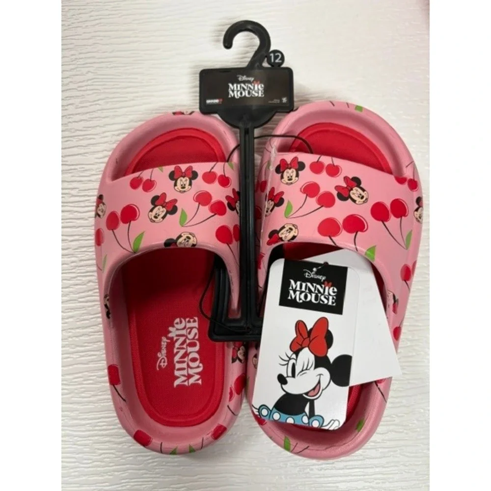 Disney Minnie Mouse Girls Pink Cherry Print Slide Sandals Size 12 NWT WS0010